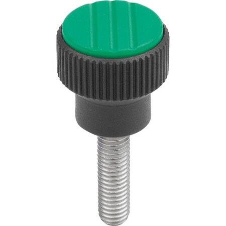 Kipp Knurled Knob Size:1 D=M05X15, D1=21, H=22, Plastic Black Ral7021, Comp:Steel, Cap:Green Ral6032 K0247.1052X15